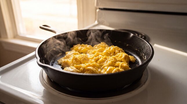 Scrambled eggs cooking in a black skillet on a stovetop with steam rising