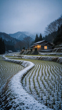 Empty Japanese Satoyama Terraced Rice Fields with First Snow and Glowing Farmhouse at Blue Hour