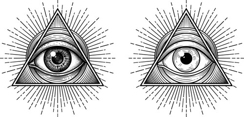 Fototapeta premium All seeing eye of providence in triangle with sunburst rays vintage engraving line art mystical vector illustration
