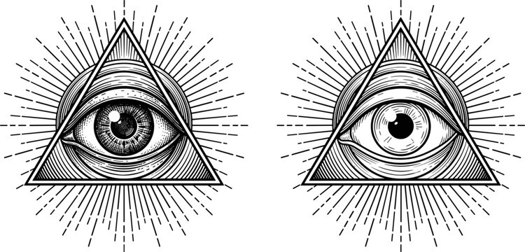 All seeing eye of providence in triangle with sunburst rays vintage engraving line art mystical vector illustration