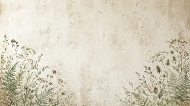 Watercolor botanical illustration of wild herbs and ferns on textured beige background