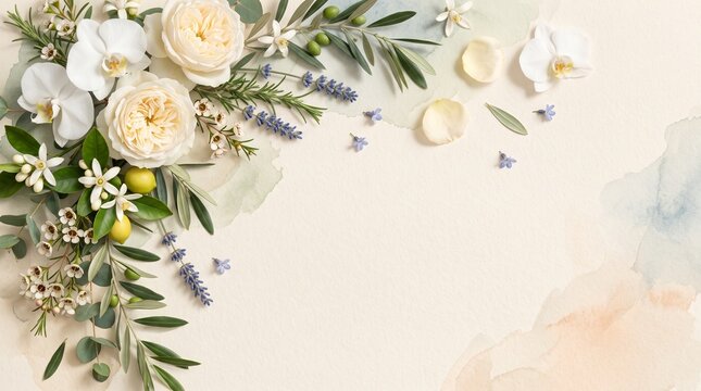 Elegant wedding bouquet with cream roses and delicate filler flowers. Soft pastel tones and natural greenery on textured linen background.