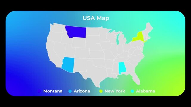 USA map with highlighted states. Infographic showing Montana, Arizona, New York and Alabama.