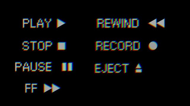 Nostalgic retro VCR control buttons on a dark screen, symbolizing classic analogue video technology, vintage entertainment, and media playback functions