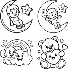 Naklejka premium Child on moon with stars, happy clouds, and teddy bear heart.