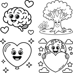 Lovely set of brain with hearts tree with face heart balloon and earth globe.