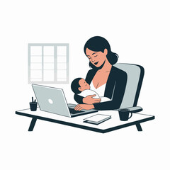 Professional Business Woman Working at Desk with Laptop - Vector Illustration