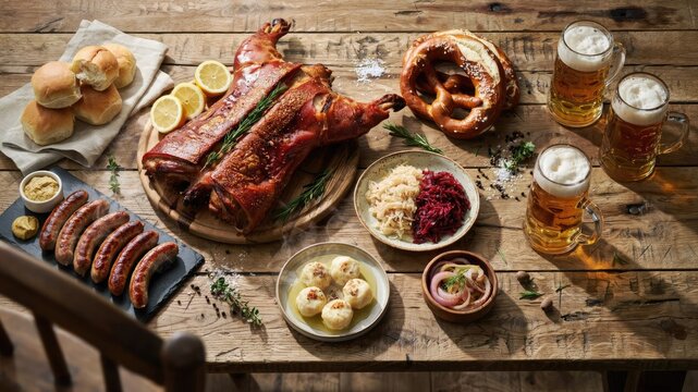 Roasted pork knuckle with sides and beer on wooden rustic table, bavarian