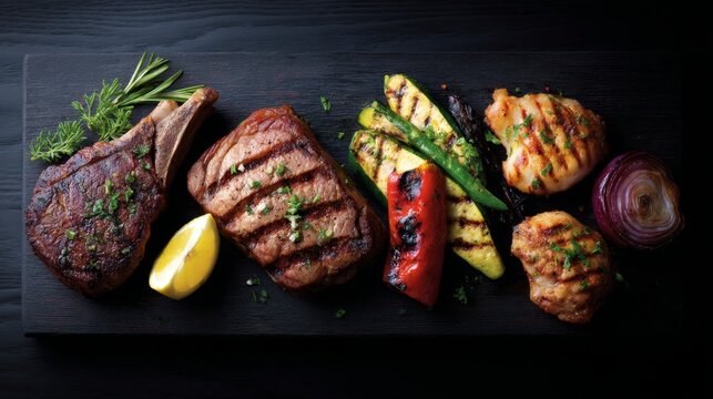 Delicious grilled meats are beautifully arranged on a black platter. The photo showcases steak and tasty vegetables. Perfect for culinary art or food photography. AI