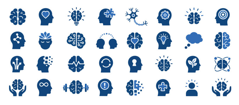 Collection of blue brain and mind icons.