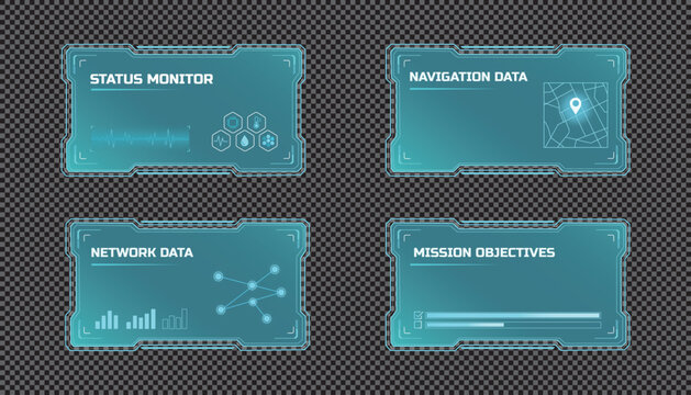 Set of futuristic hud interface elements, digital scifi information panels with data visualization