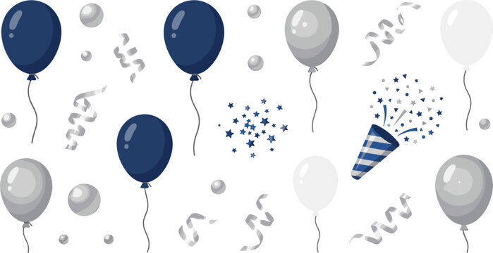 Elegant Navy Blue and Silver Birthday Party Decoration Elements Set, Helium Balloons, Confetti Popper and Silver Streamers Isolated on White Background