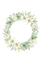 Fototapeta premium Watercolor white lily and green leaf circular floral wreath frame, isolated on transparent background