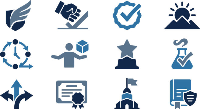 Achievement and Professional Icon Collection with Certification Award Knowledge Service and Time Management Symbols for Business Projects