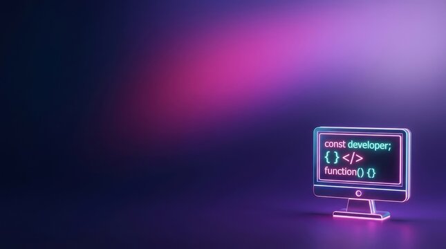 A small vintage computer monitor glowing with colorful digital code against a dark purple and pink gradient background
