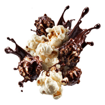 Popcorn kernel pieces with splashing chocolate isolated on white background, conveying sweet cinema snack concept
