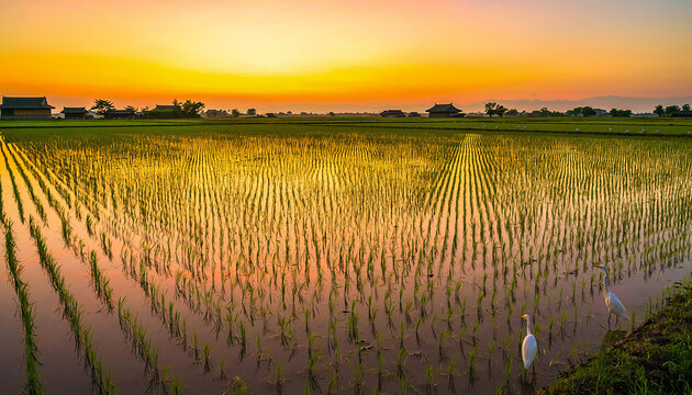 Golden Sunset over Rice Paddy Field Generative AI