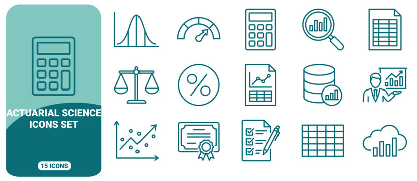 Set of 15 actuarial science and financial analysis icons, featuring linear outlines of calculators, charts, graphs, data tables, and business symbols