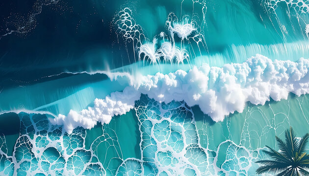 Aerial View of Turquoise Ocean Waves and Tropical Palm Tree Generative AI