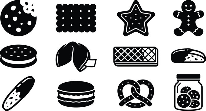 Sweet Biscuit and Crispy Cookie Bakery Icon Set Featuring Chocolate Chips Gingerbread Men Fortune Cookies Macarons Wafers Pretzels and Cookie Jars for Cafe Dessert Branding