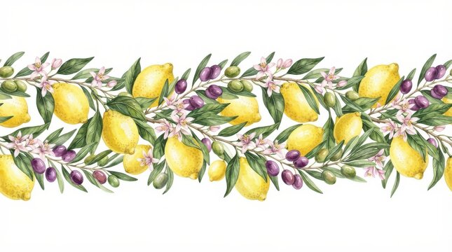 Seamless border with lemons, olives and flowers, watercolor illustration isolated on white background