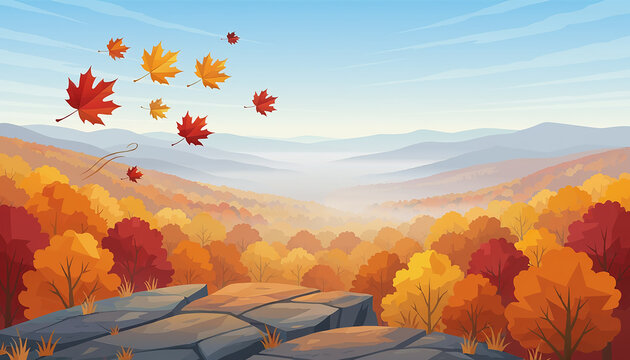 Autumn Landscape with Falling Leaves over Mountains Generative AI
