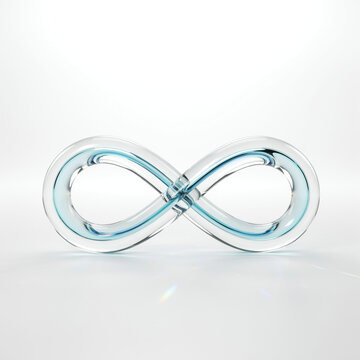 Glass infinity symbol isolated on white studio background with infinity abstract transparent reflection minimalist background creative sculpture mathematics geometry composition decoration