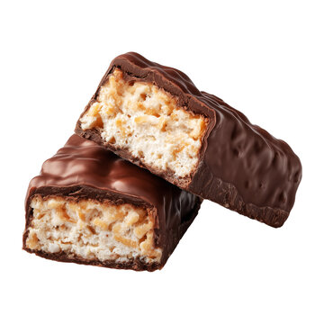 Chocolate snack protein energy fitness bar with nut cereal filling isolated on white background concept of sweet treat