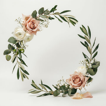 Elegant floral wreath with pink roses and olive branches on white background branches botanical invitation greeting decoration romantic background arrangement ornamental template stationary