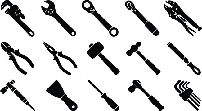 Hand Tools and Hardware Equipment Vector Silhouette Collection with Wrenches and Pliers for Construction Repair Graphic Design Projects