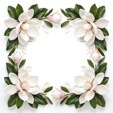 Square floral frame border composed of white magnolia flowers and dark green leaves with magnolia botanical decoration invitation greeting template arrangement ornamental composition blooming