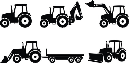 Heavy Machinery Tractor Silhouette Icon Collection with Construction and Agriculture Symbols for Farm Graphic Design Projects © Joy