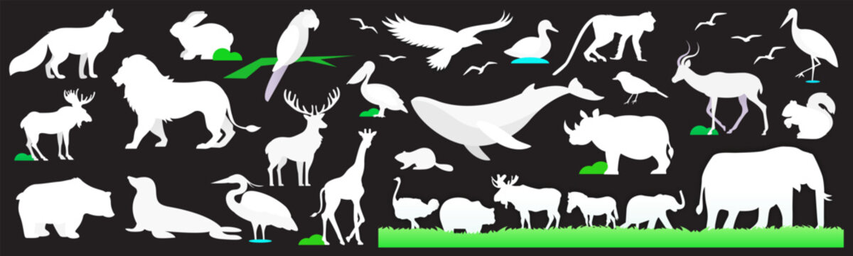 Large collection of wild animal silhouettes in layered paper cutout style on black background for creative nature designs.