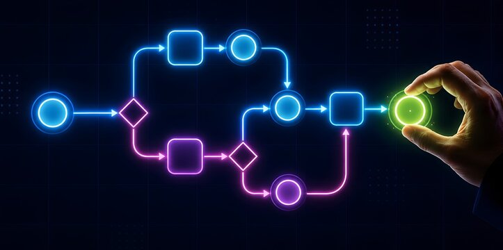 Hand placing glowing green circle into neon digital flowchart diagram. Concept of process optimization for project management.