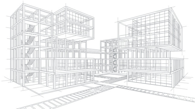 Architectural wireframe blueprint of a modern modular building complex representing structural engineering and professional design concepts
