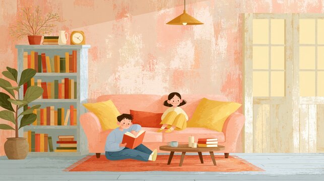 Continuous Learning: Cozy home office with young people reading and relaxing, hybrid work lifestyle