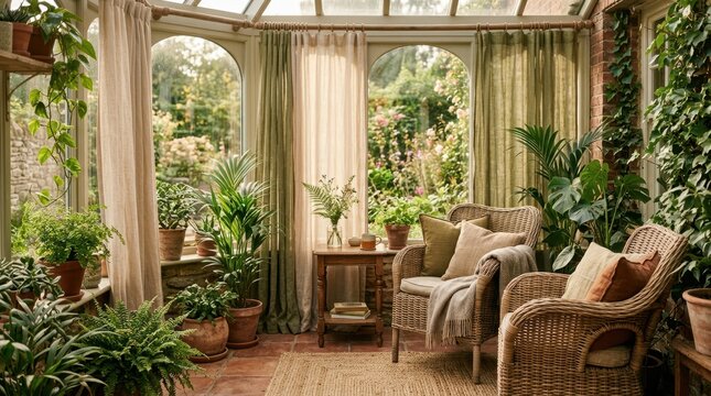 Cozy conservatory filled with lush green plants and comfortable wicker seating