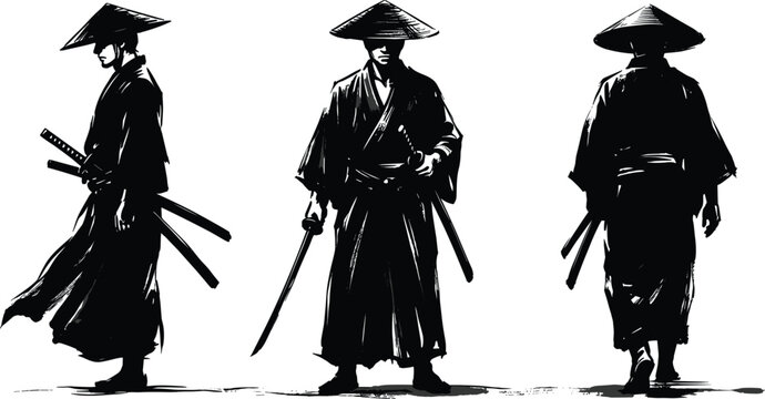 Japanese samurai warrior sketch set featuring a ronin character in traditional kimono robe and straw hat holding katana sword