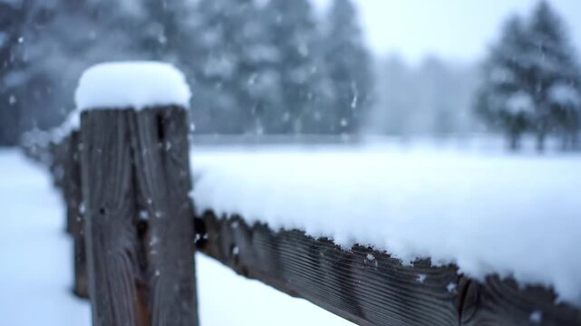 Gently falling snow blankets a rustic wooden fence, creating a serene and picturesque winter landscape perfect for evoking a cozy, tranquil atmosphere