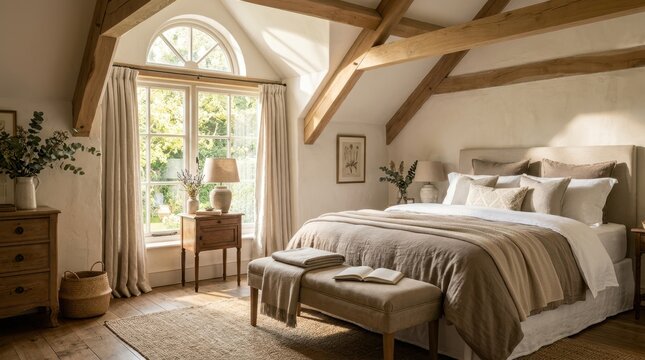 Cozy bedroom with natural light and rustic wooden beams