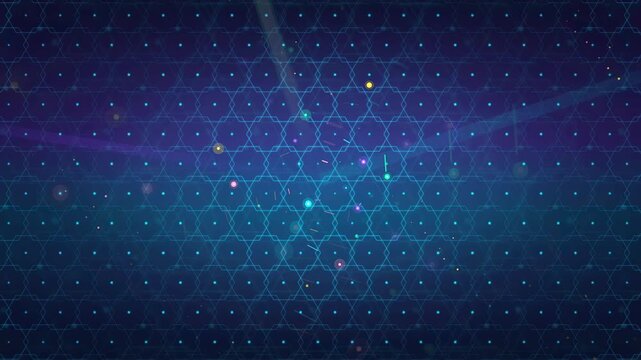 Abstract digital background with glowing blue hexagonal grid and floating light particles in deep space