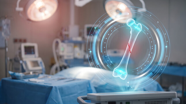 Holographic human femur bone with fracture display in modern hospital surgical theater setting for orthopedic surgery visualization and medical education training technology concept.