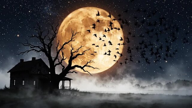 Flock of crows flying past large full moon and spooky house at night