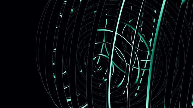 Futuristic quantum computer core animation featuring nested metallic orbital rings rotating on dark background
