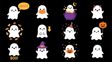 Fototapeta premium Set of cute kawaii Halloween ghost cartoon character vector illustrations featuring face masks cauldron and witch hat