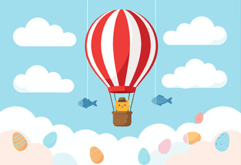 Obraz premium Cute Chick Riding Hot Air Balloon Through Pastel Clouds