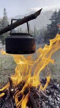 Brewing Tea Over a Campfire in the Wild Mountains