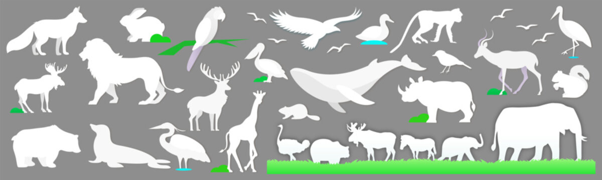 White paper cutout style wild animal silhouettes and birds on grey background for creative nature handicraft design.