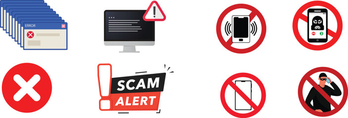 Cyber security icons featuring error messages scam alerts and prohibited smartphone use symbols set. © MDJahangir