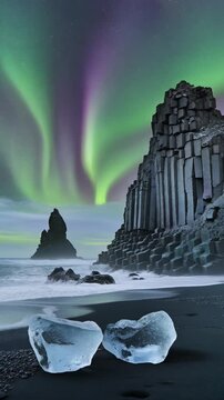 Aurora Borealis Over Black Sand Beach and Basalt Columns Generative AI